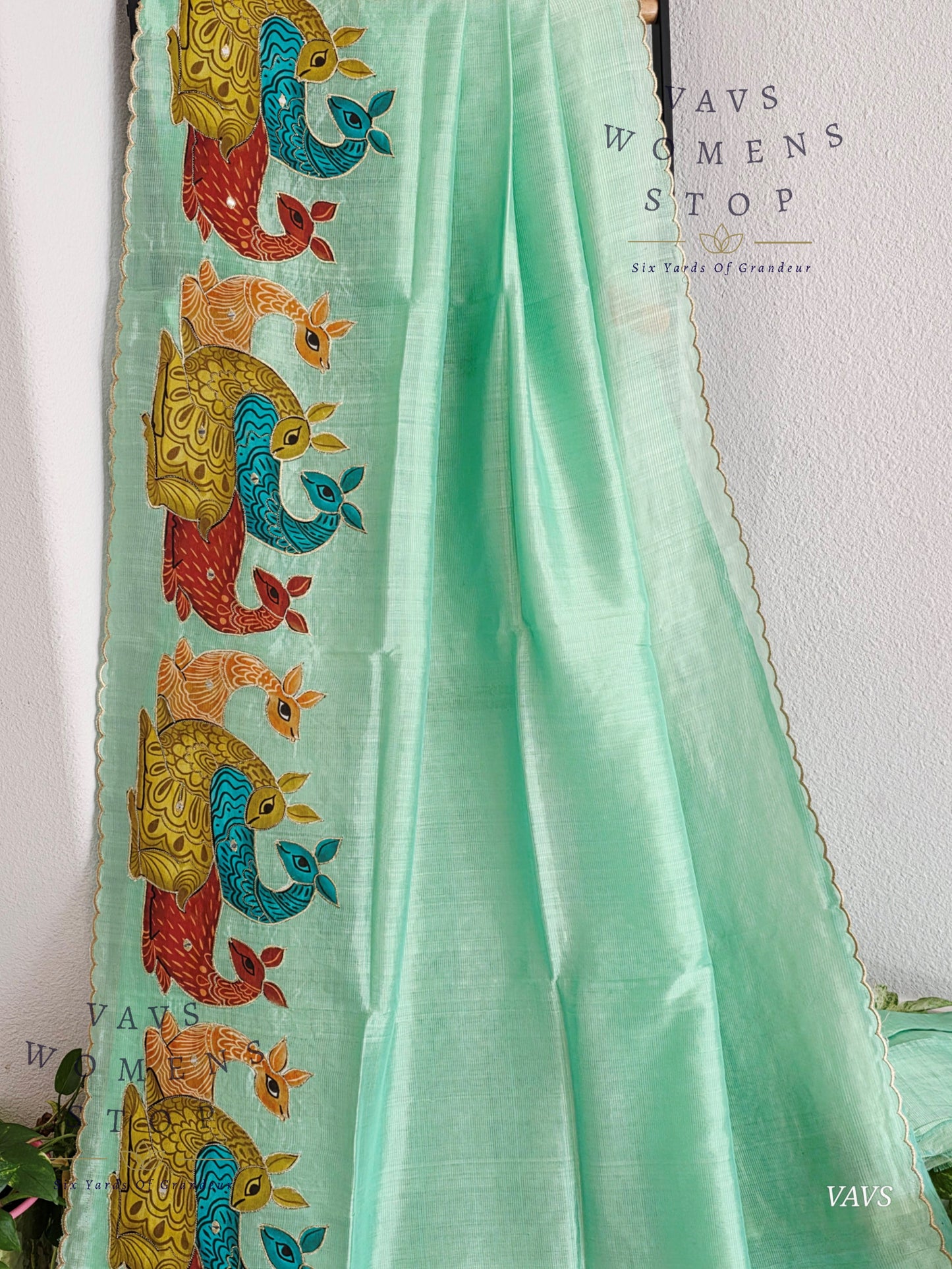 Sea Green Shade Mangalagiri Handloom Silk Cotton Saree with Appliqué Work