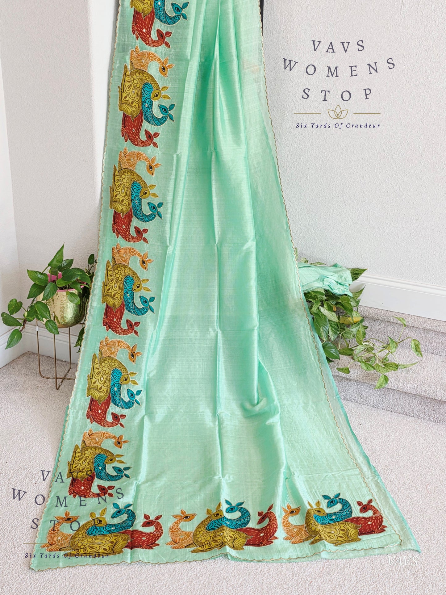 Sea Green Shade Mangalagiri Handloom Silk Cotton Saree with Appliqué Work