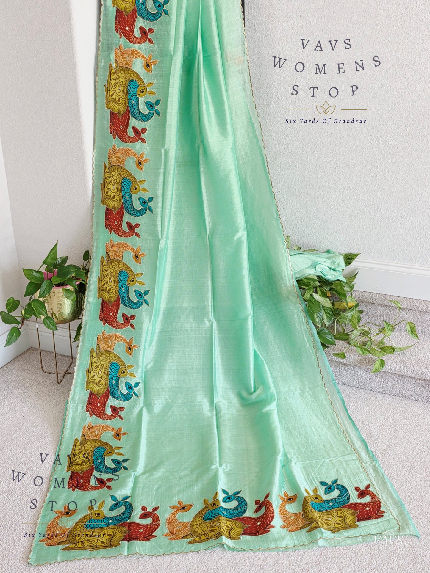 Sea Green Shade Mangalagiri Handloom Silk Cotton Saree with Appliqué Work