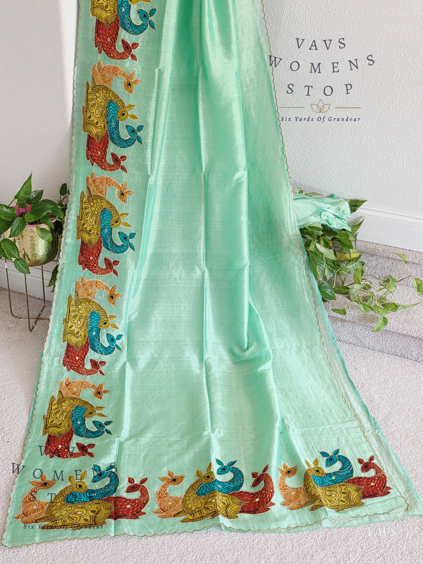 Sea Green Shade Mangalagiri Handloom Silk Cotton Saree with Appliqué Work