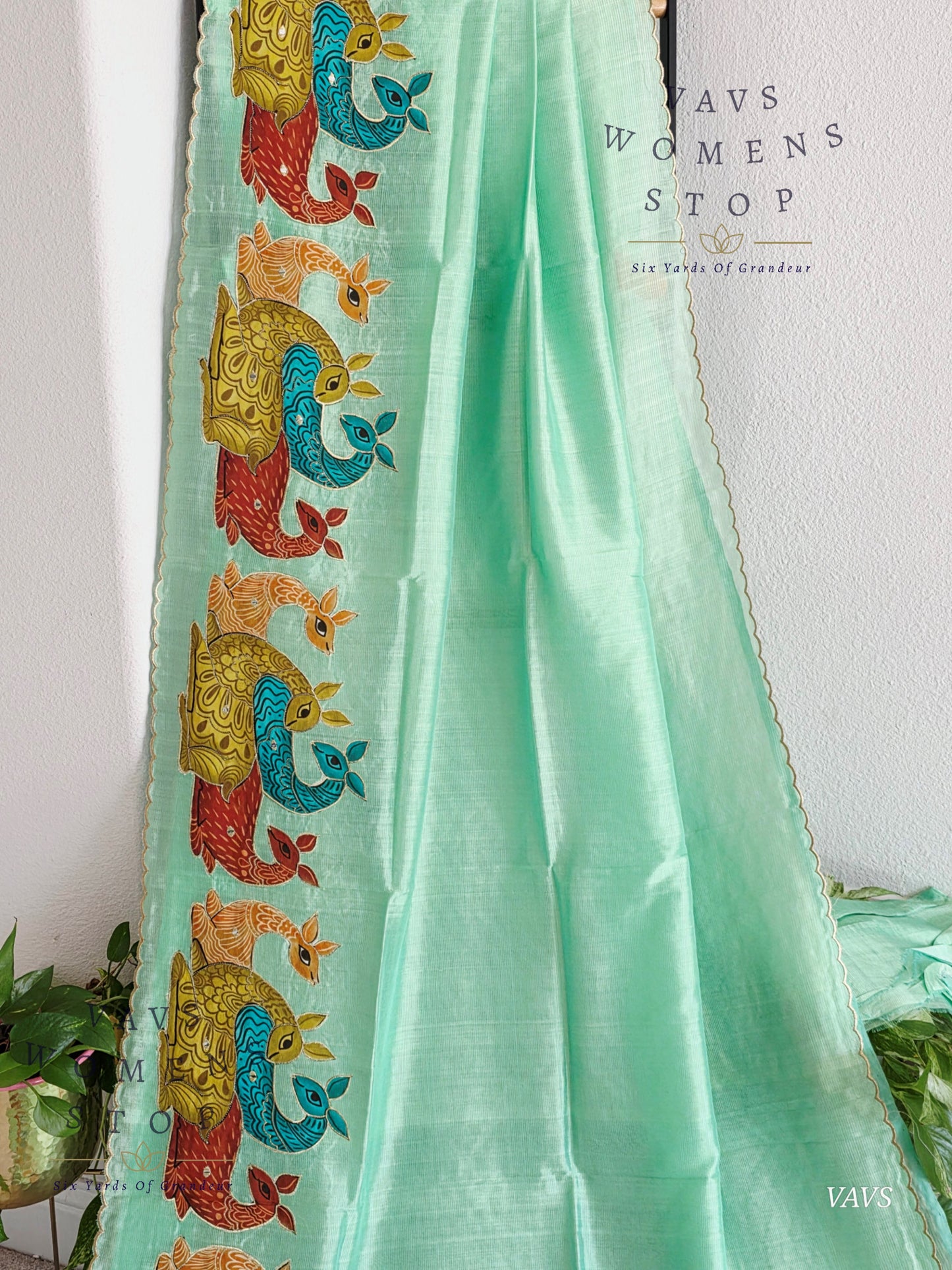 Sea Green Shade Mangalagiri Handloom Silk Cotton Saree with Appliqué Work