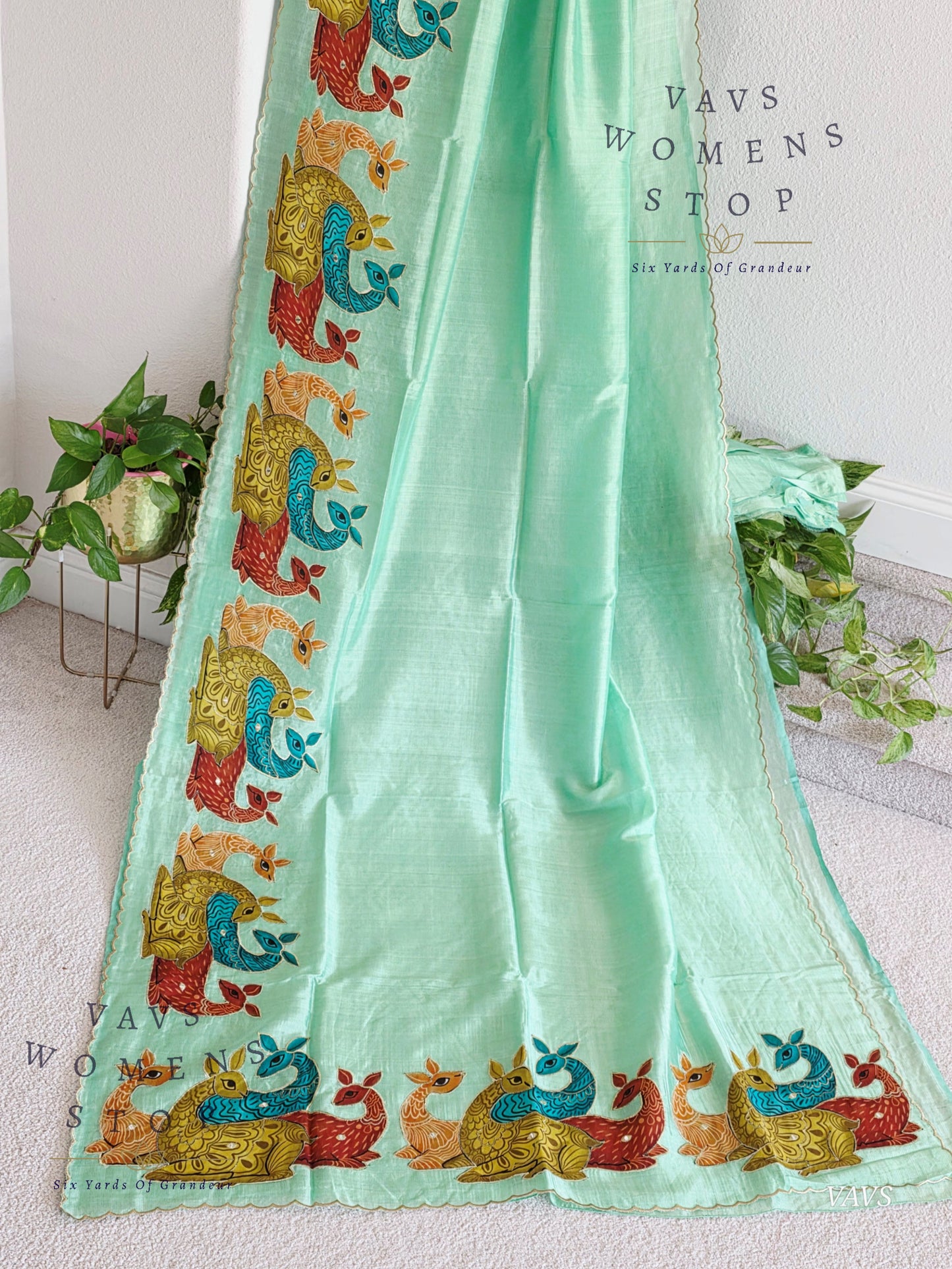 Sea Green Shade Mangalagiri Handloom Silk Cotton Saree with Appliqué Work
