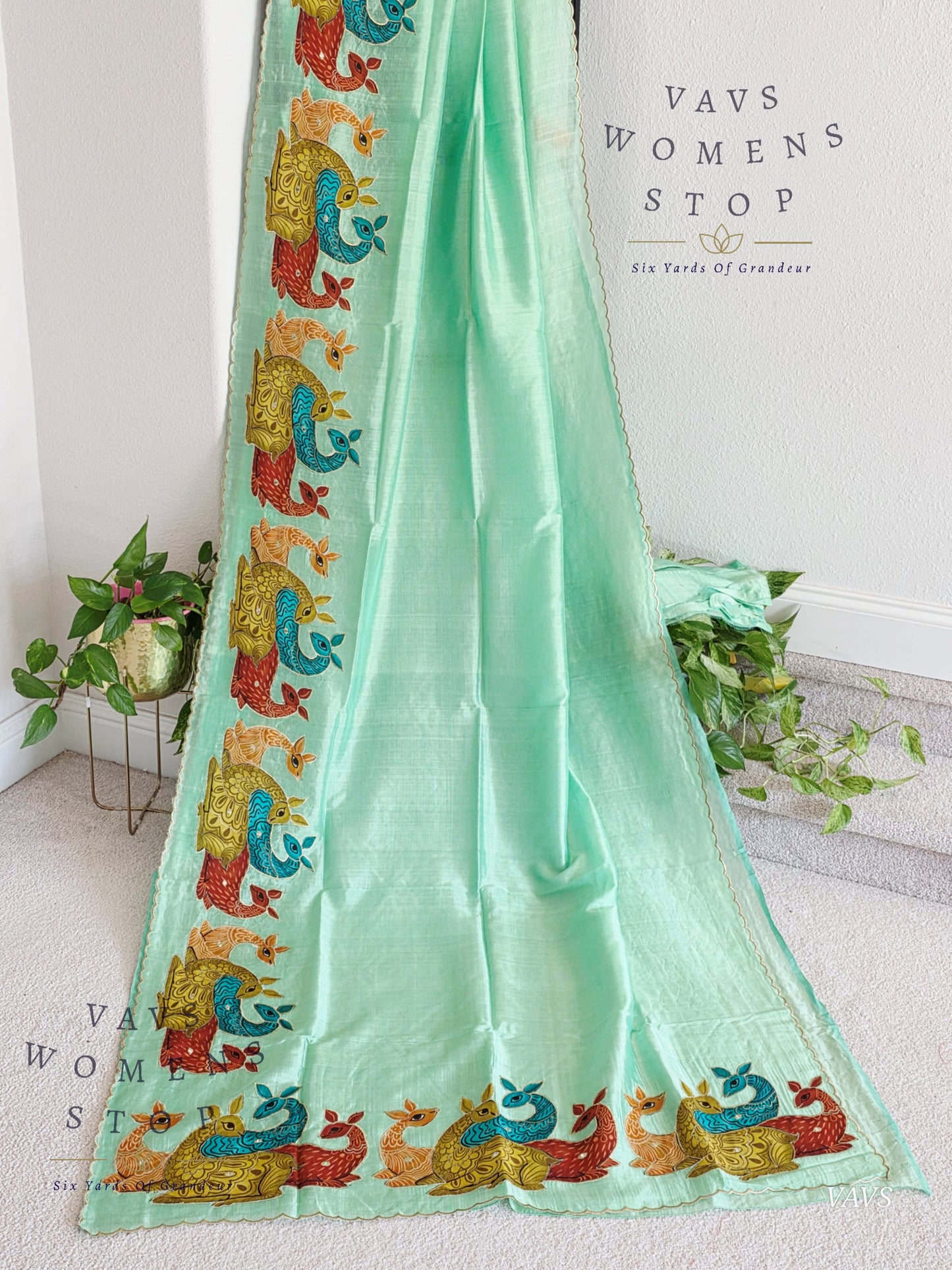 Sea Green Shade Mangalagiri Handloom Silk Cotton Saree with Appliqué Work