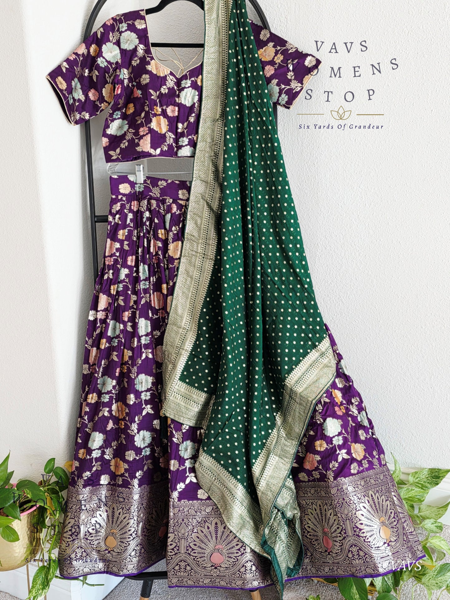 Purple Munga Benarasi Designer Half Saree Set | Can-Can Lined |