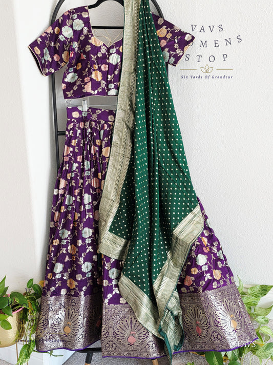Purple Munga Benarasi Designer Half Saree Set | Can-Can Lined |