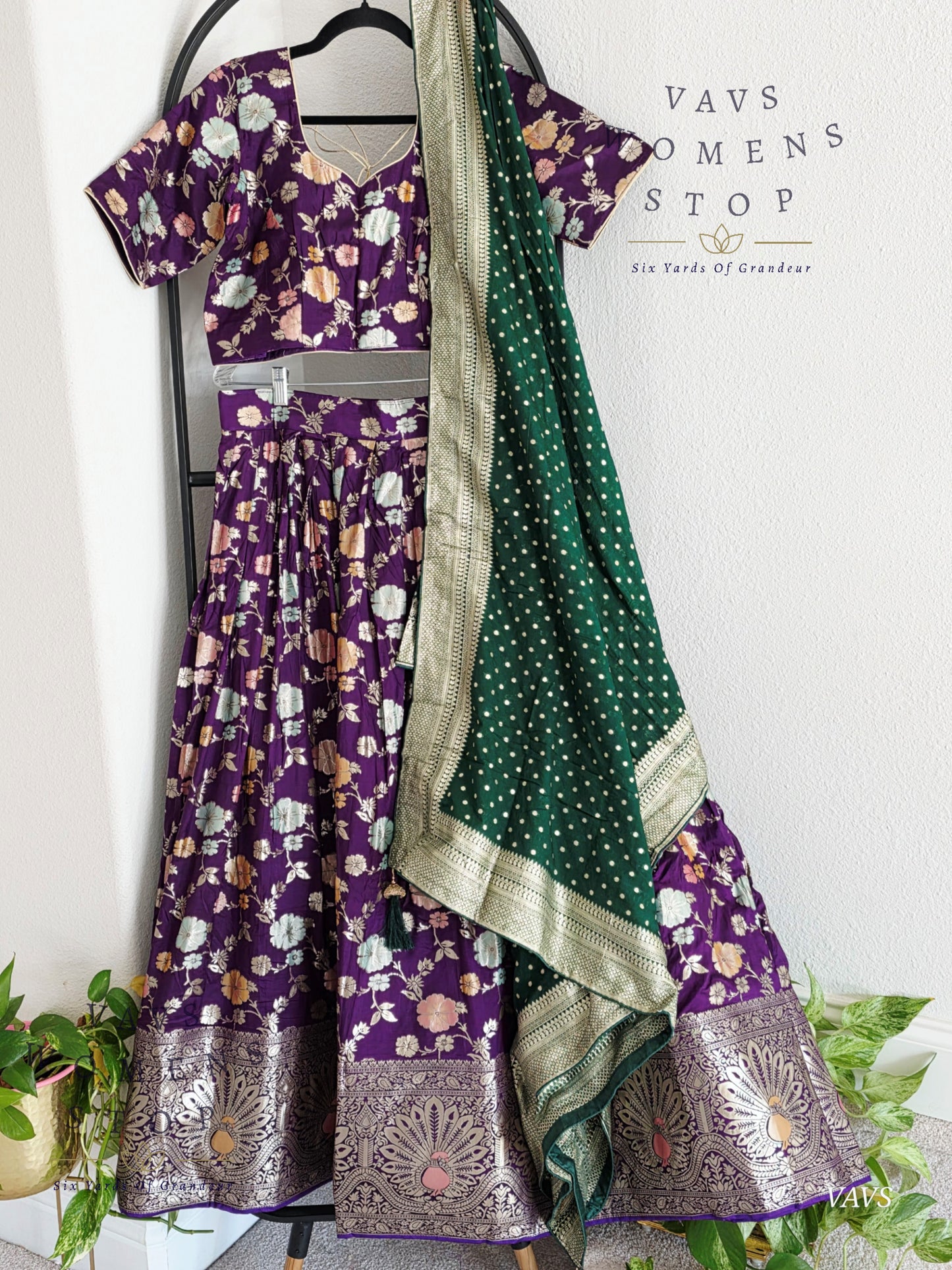 Purple Munga Benarasi Designer Half Saree Set | Can-Can Lined |