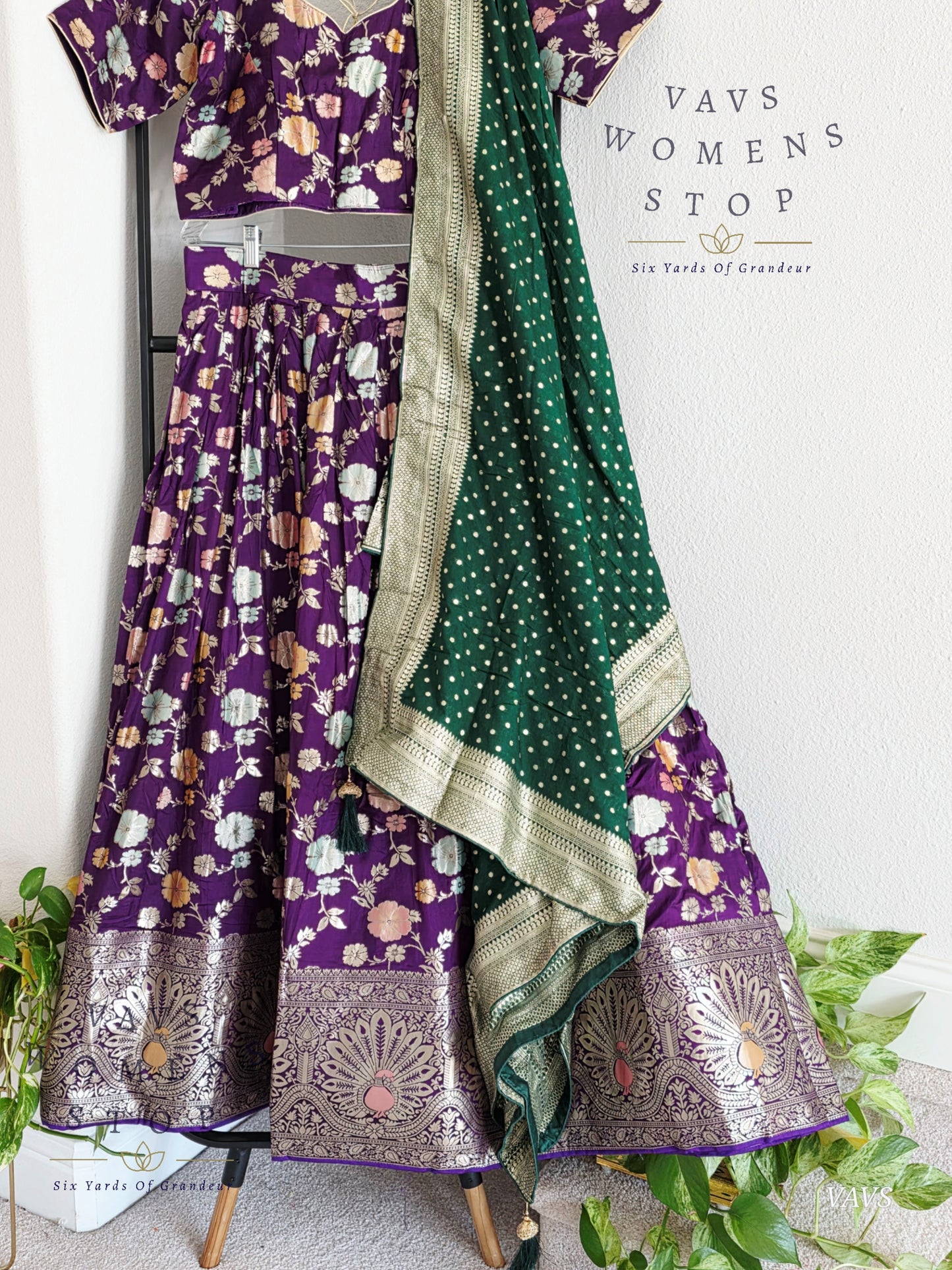 Purple Munga Benarasi Designer Half Saree Set | Can-Can Lined |