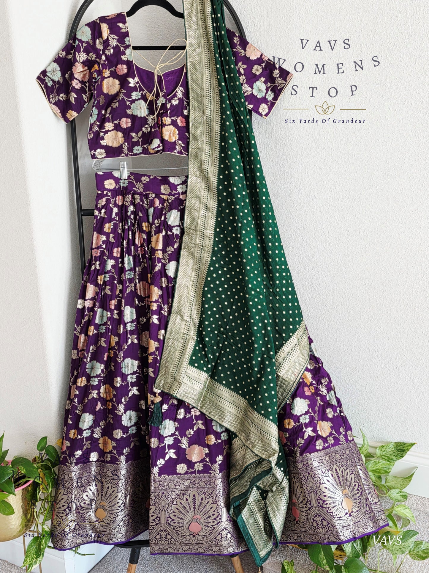 Purple Munga Benarasi Designer Half Saree Set | Can-Can Lined |