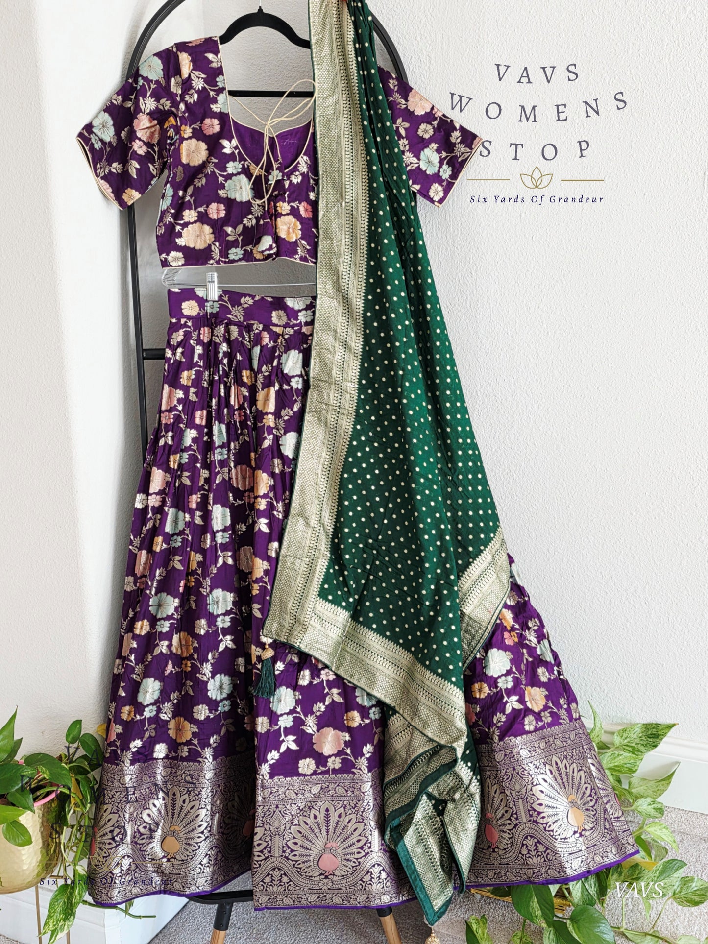 Purple Munga Benarasi Designer Half Saree Set | Can-Can Lined |