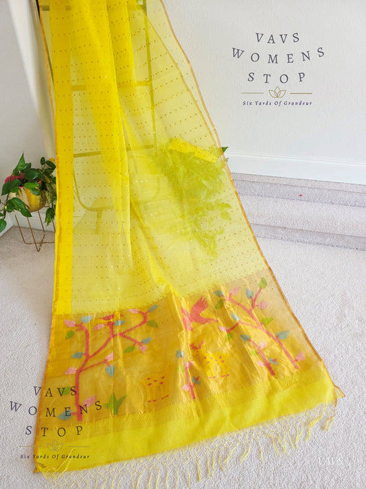 Yellow Shade Pure Muslin Silk Saree with Sequins Work & Paithani Pallu