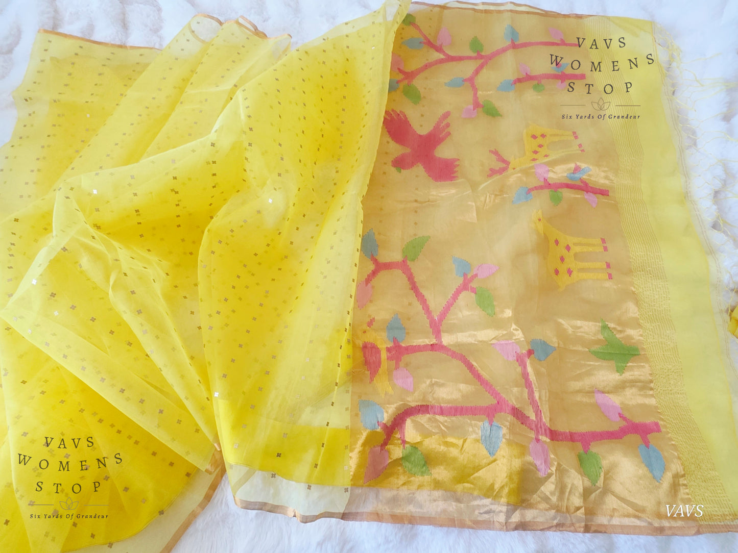 Yellow Shade Pure Muslin Silk Saree with Sequins Work & Paithani Pallu
