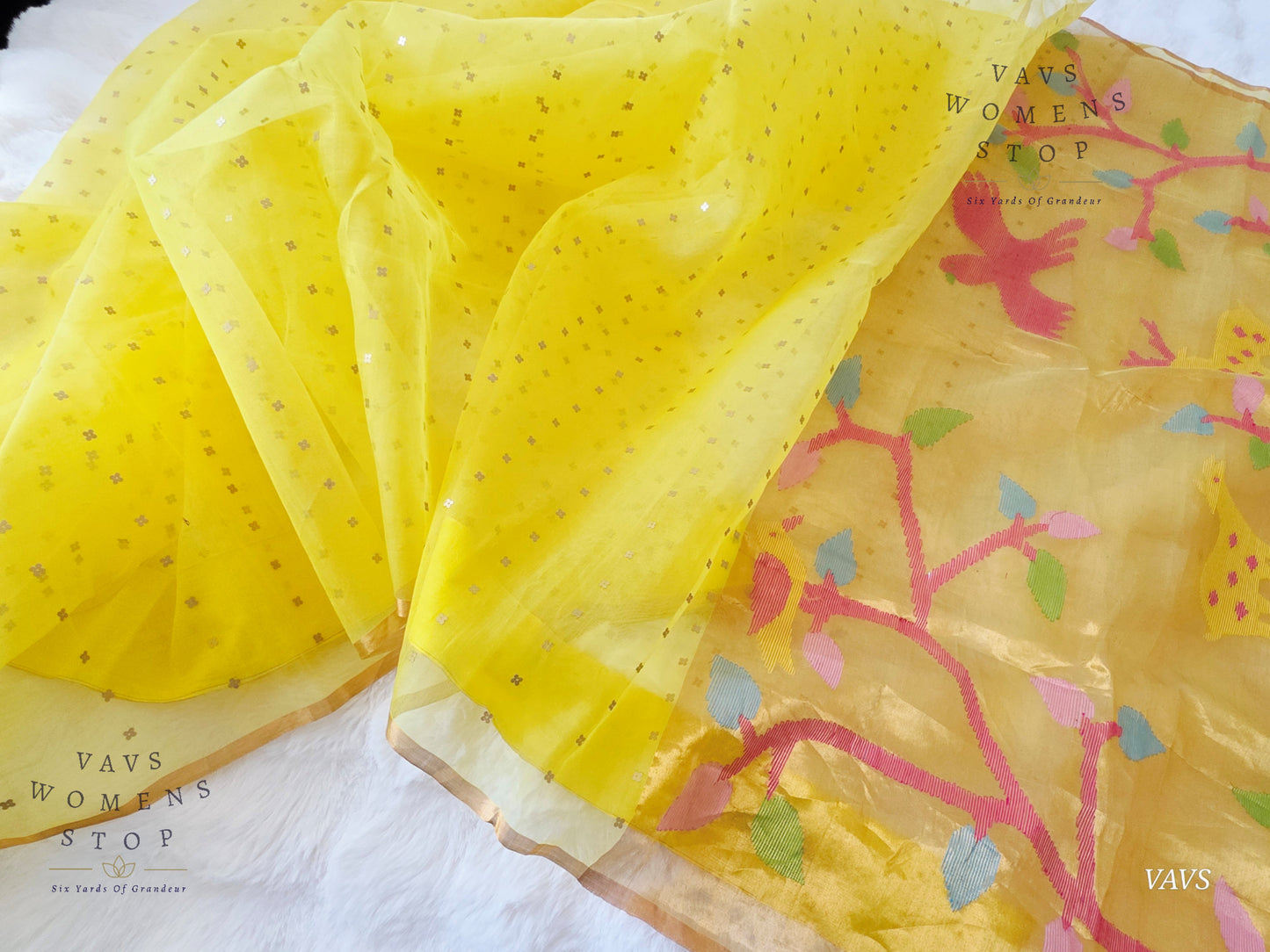 Yellow Shade Pure Muslin Silk Saree with Sequins Work & Paithani Pallu