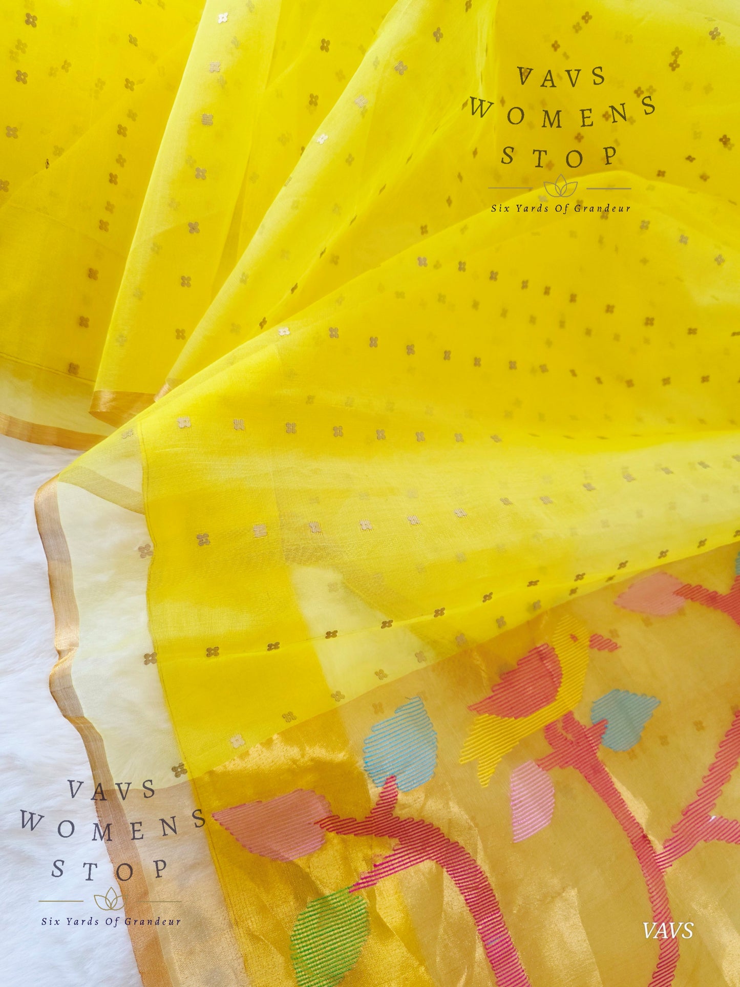 Yellow Shade Pure Muslin Silk Saree with Sequins Work & Paithani Pallu