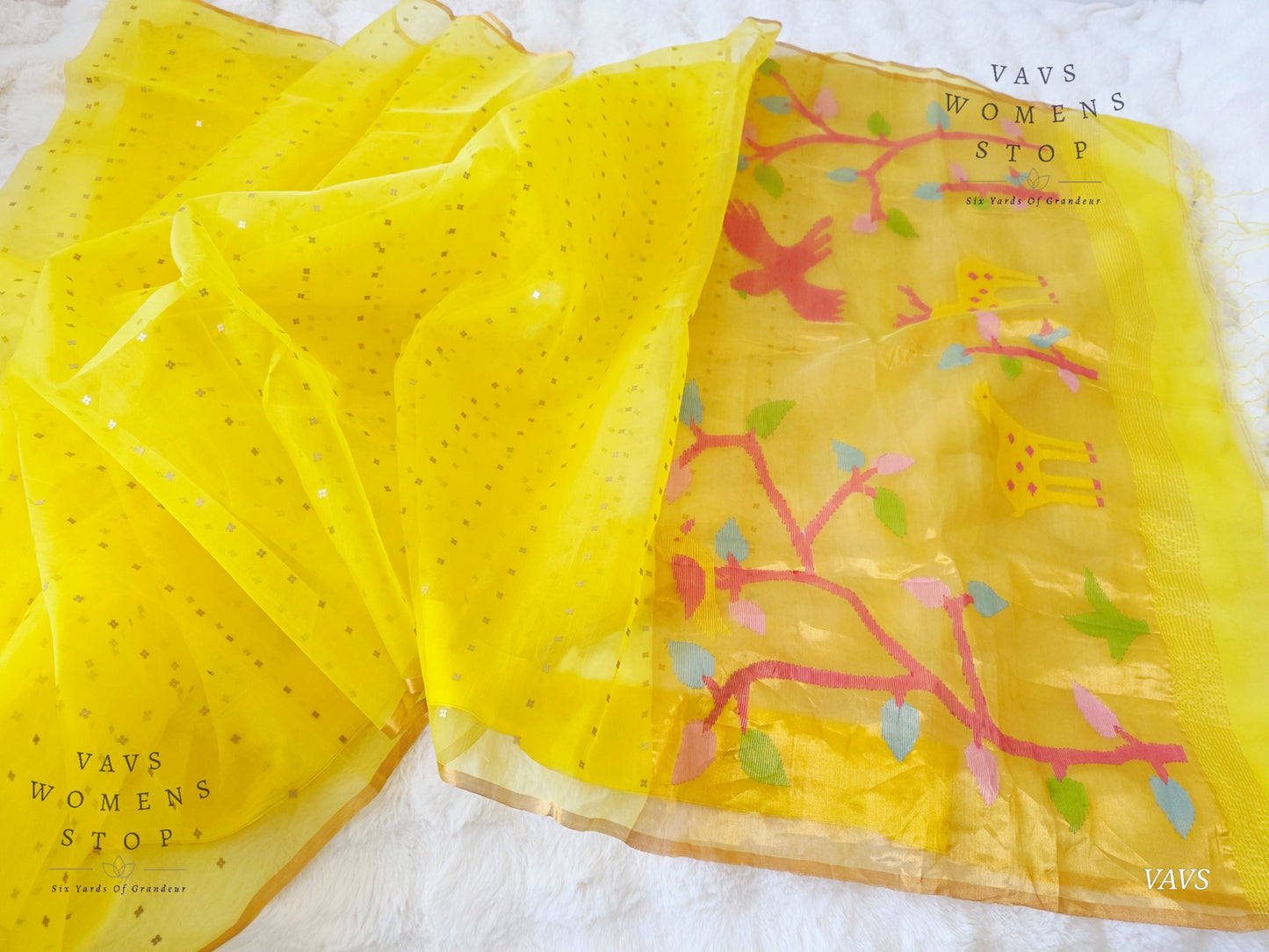 Yellow Shade Pure Muslin Silk Saree with Sequins Work & Paithani Pallu