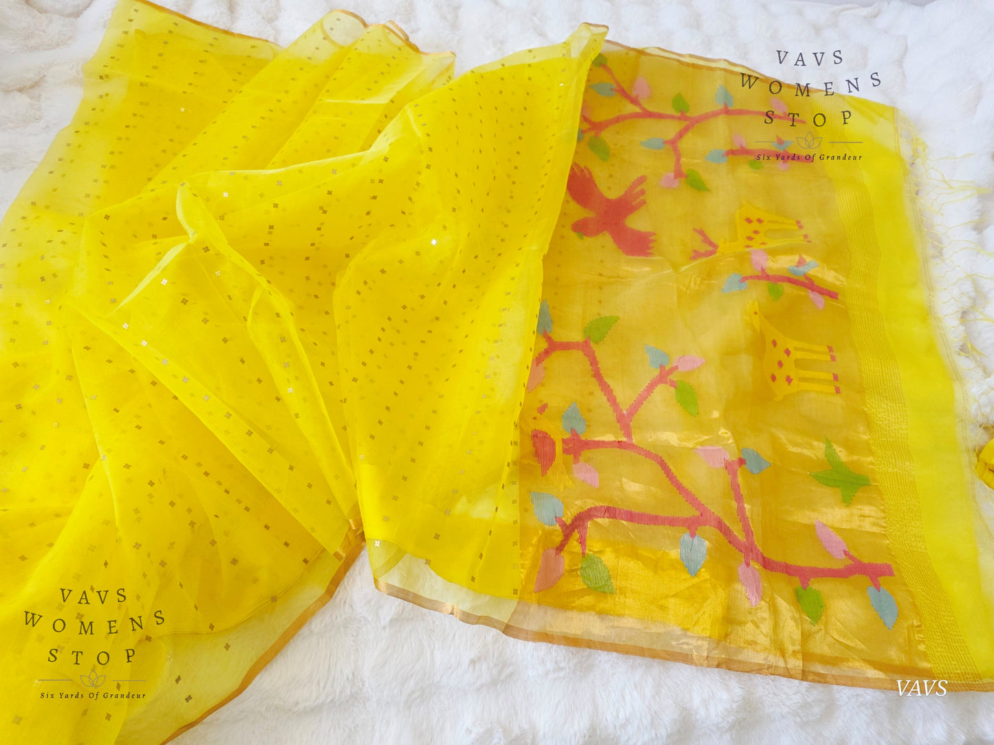 Yellow Shade Pure Muslin Silk Saree with Sequins Work & Paithani Pallu