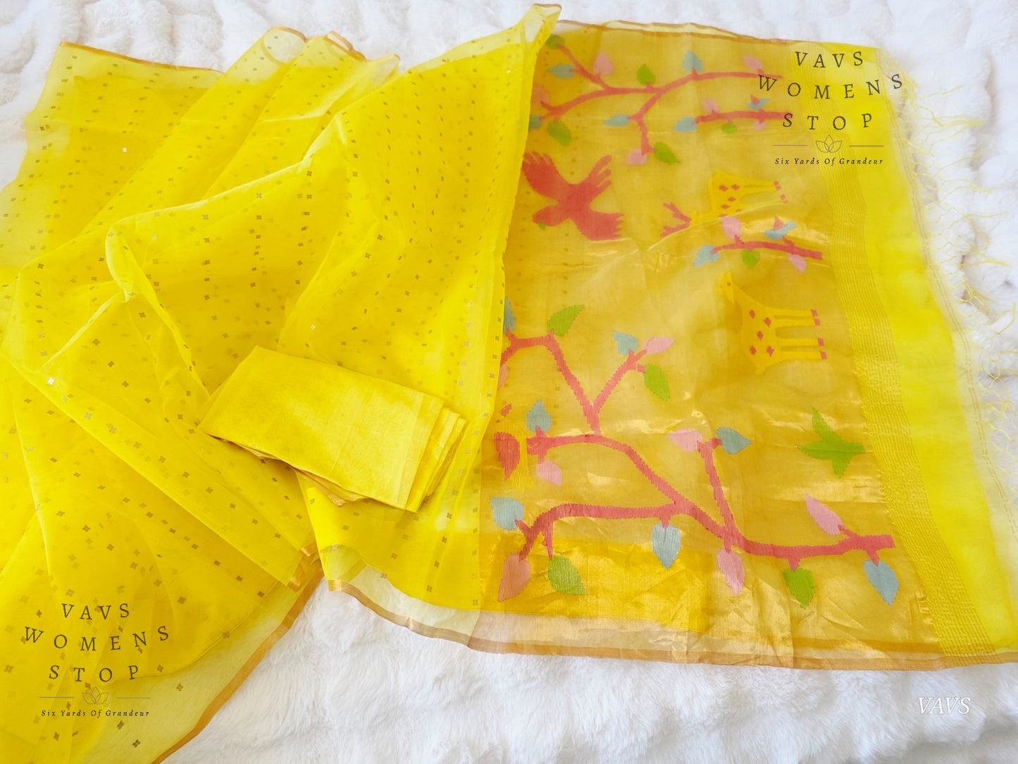 Yellow Shade Pure Muslin Silk Saree with Sequins Work & Paithani Pallu