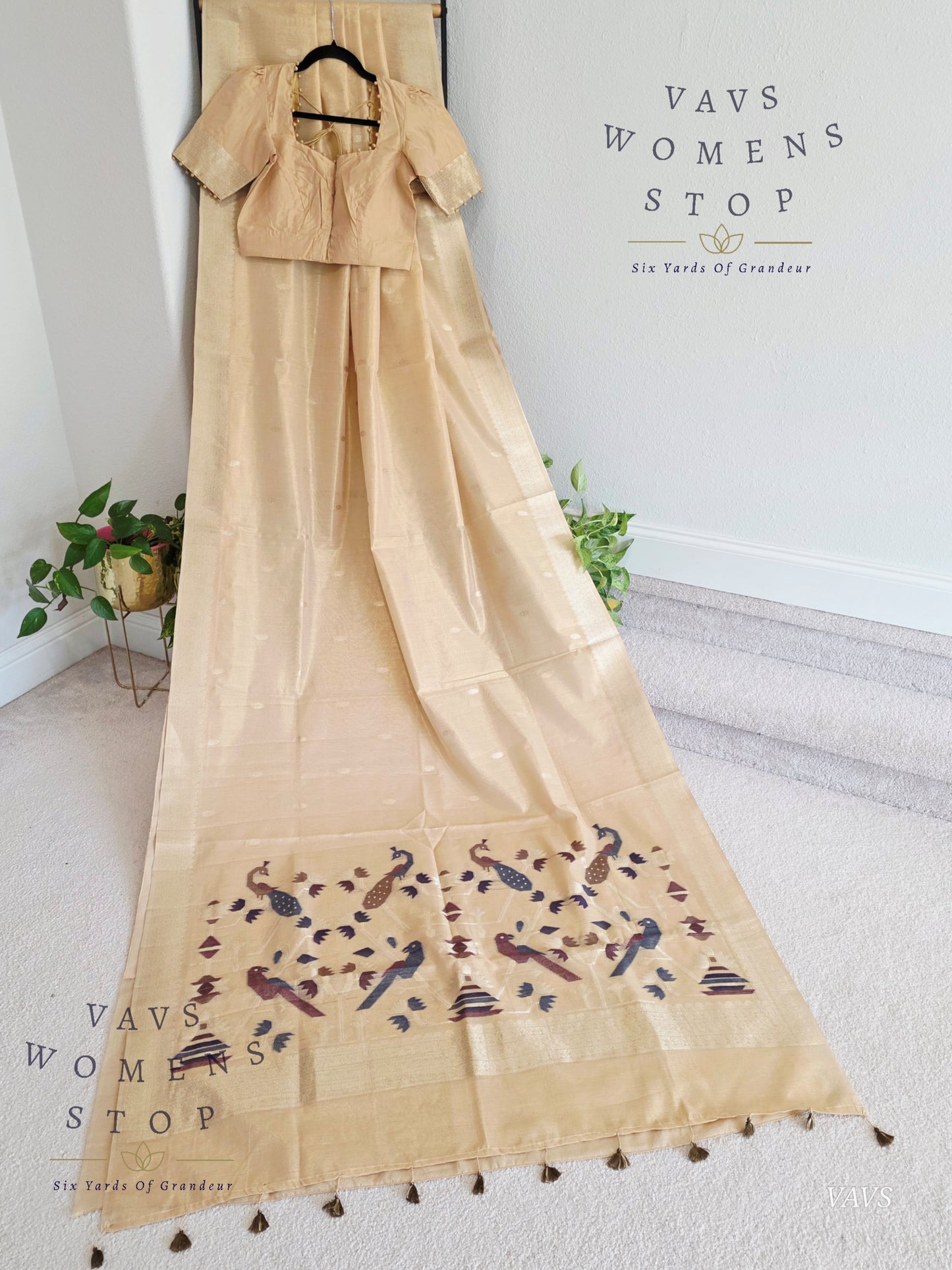 Pastel Light Brown Soft Tissue Saree with Jamdani Pallu & Stitched Blouse