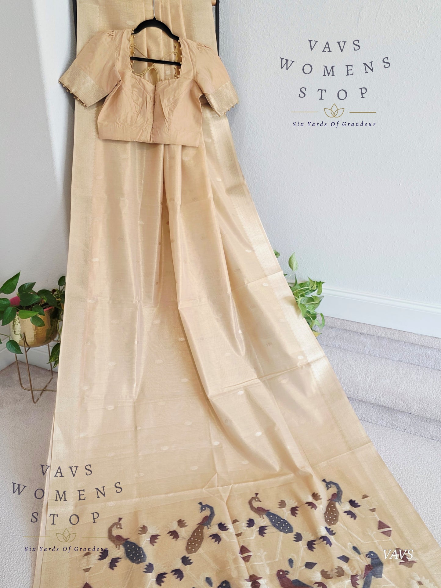 Pastel Light Brown Soft Tissue Saree with Jamdani Pallu & Stitched Blouse