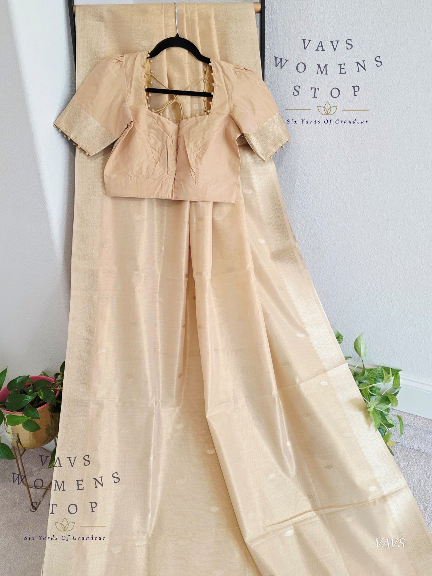 Pastel Light Brown Soft Tissue Saree with Jamdani Pallu & Stitched Blouse