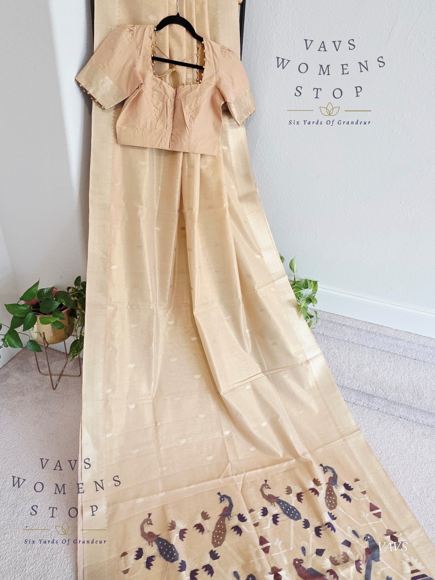 Pastel Light Brown Soft Tissue Saree with Jamdani Pallu & Stitched Blouse