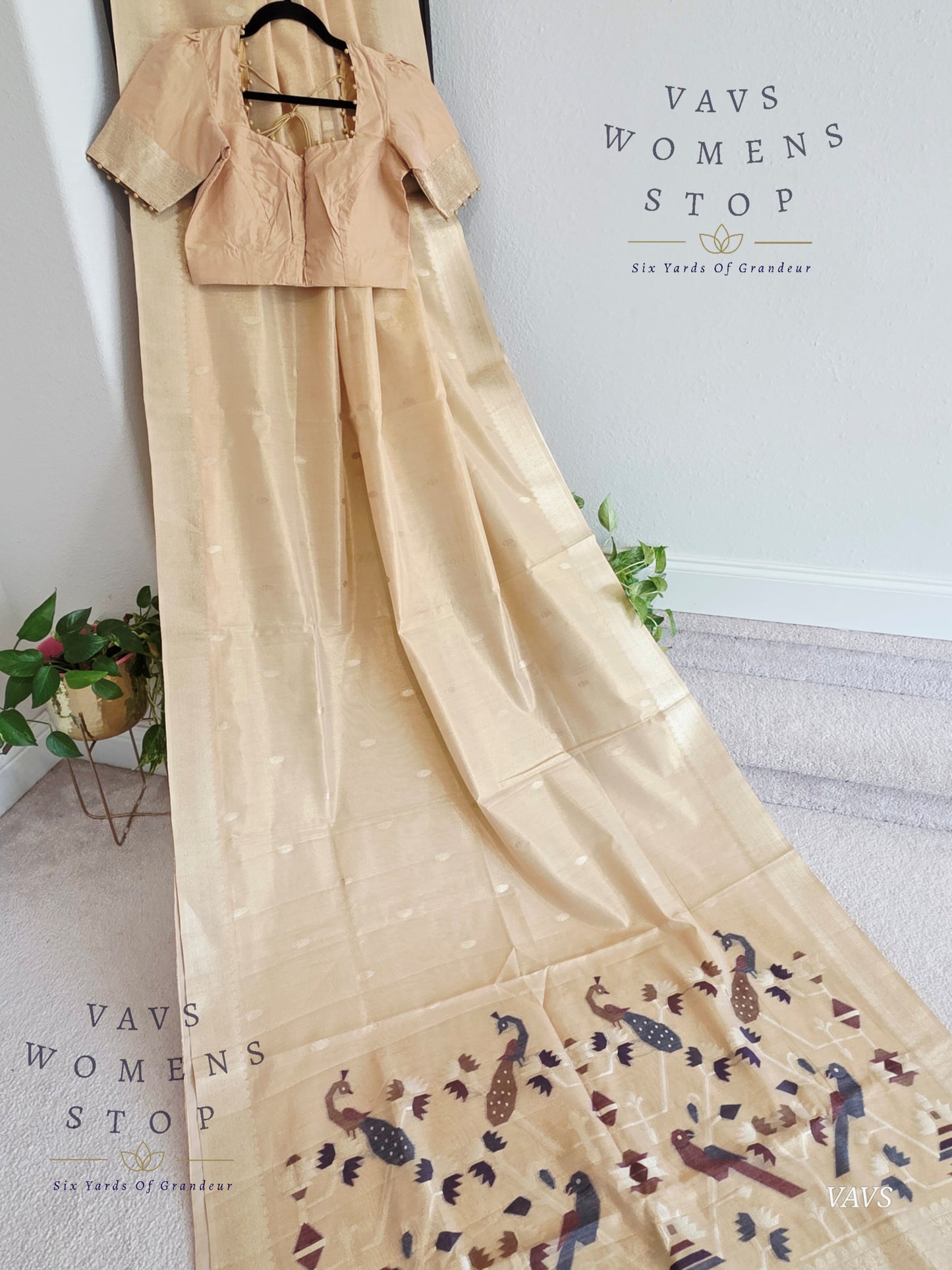Pastel Light Brown Soft Tissue Saree with Jamdani Pallu & Stitched Blouse