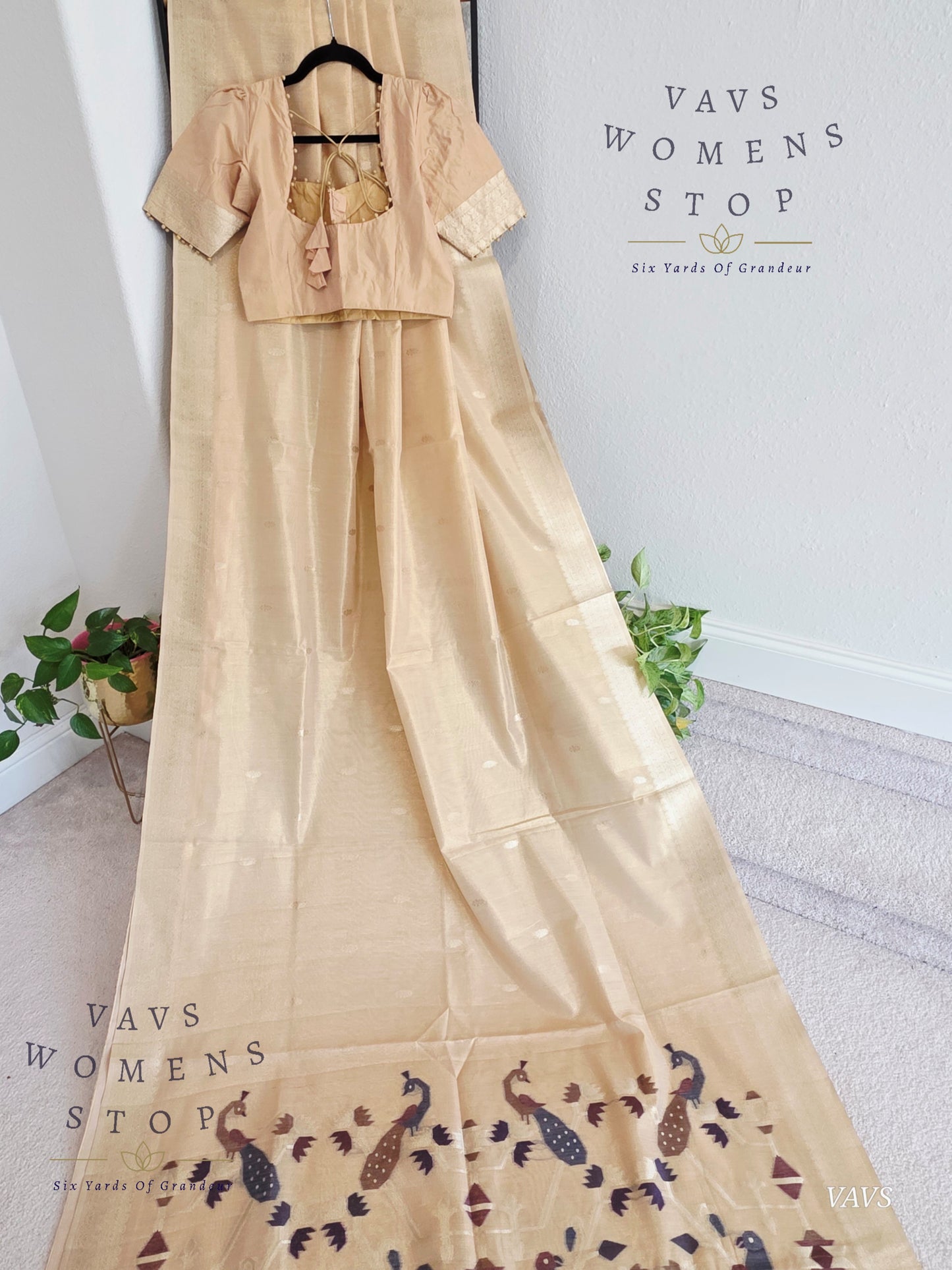 Pastel Light Brown Soft Tissue Saree with Jamdani Pallu & Stitched Blouse