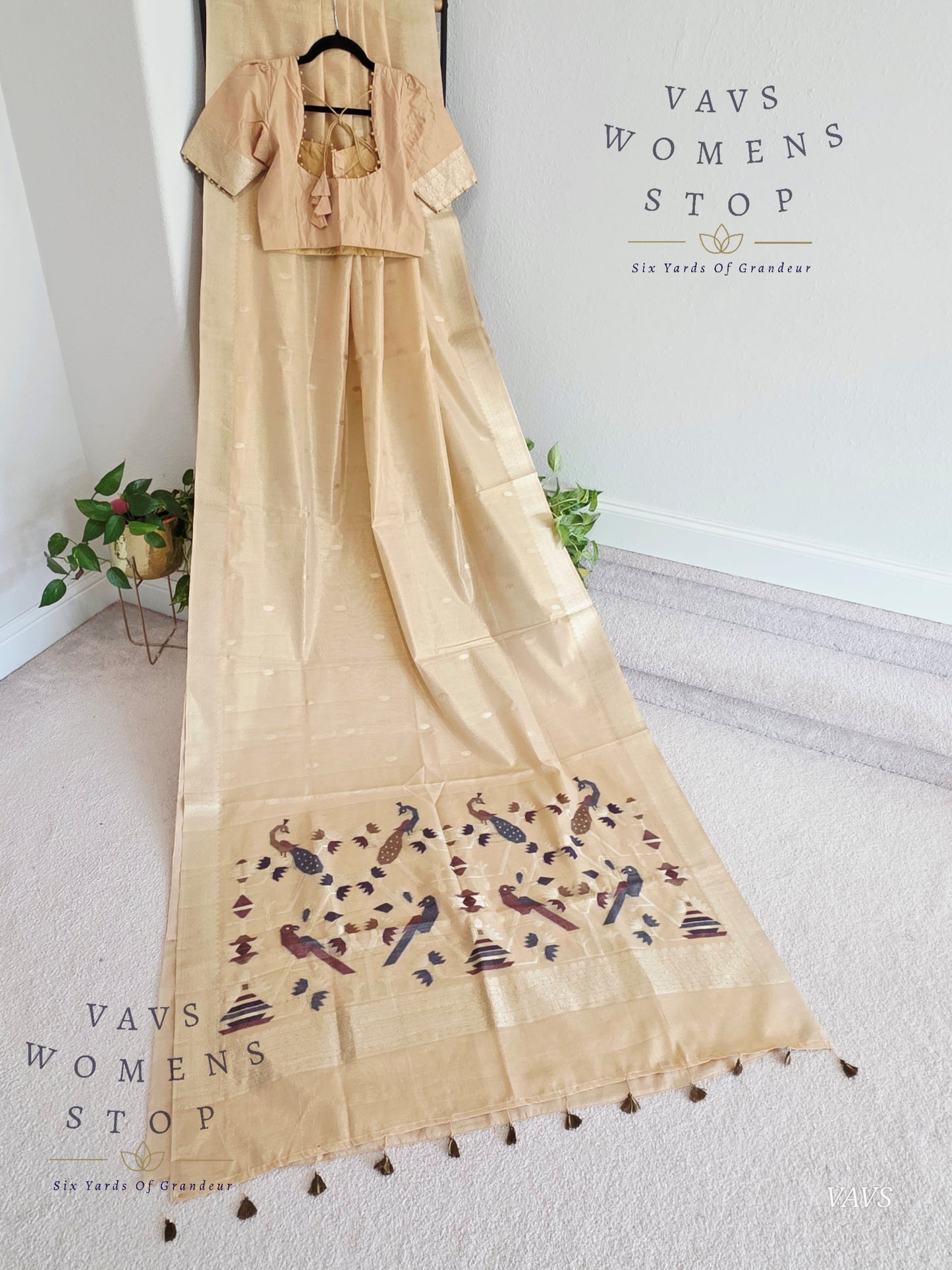 Pastel Light Brown Soft Tissue Saree with Jamdani Pallu & Stitched Blouse