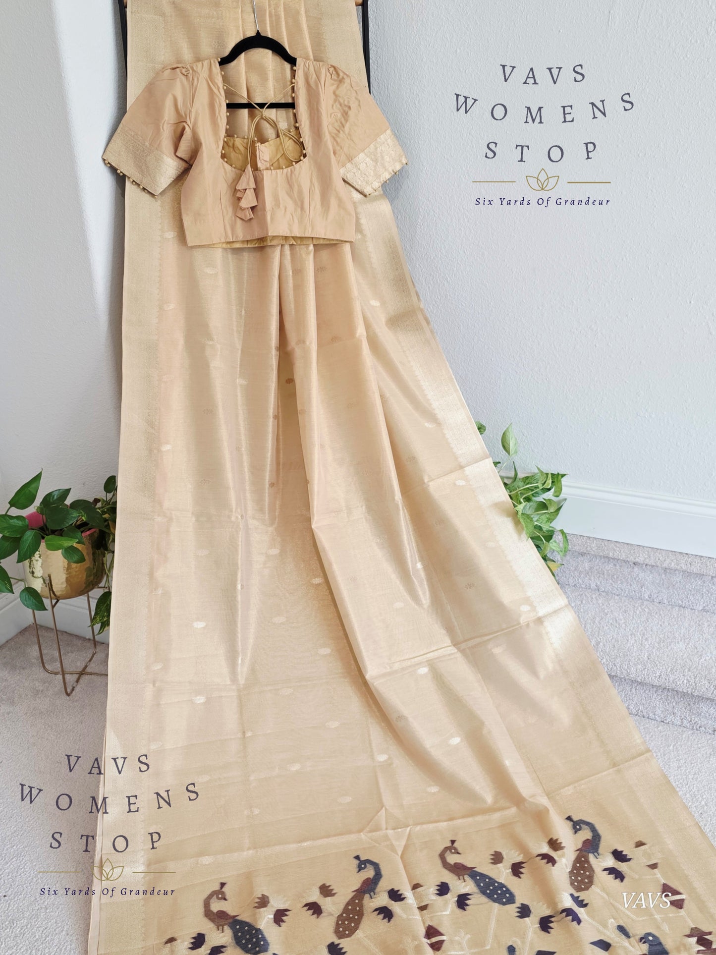 Pastel Light Brown Soft Tissue Saree with Jamdani Pallu & Stitched Blouse