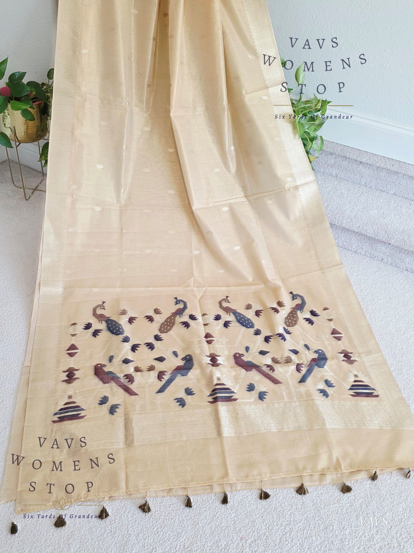 Pastel Light Brown Soft Tissue Saree with Jamdani Pallu & Stitched Blouse