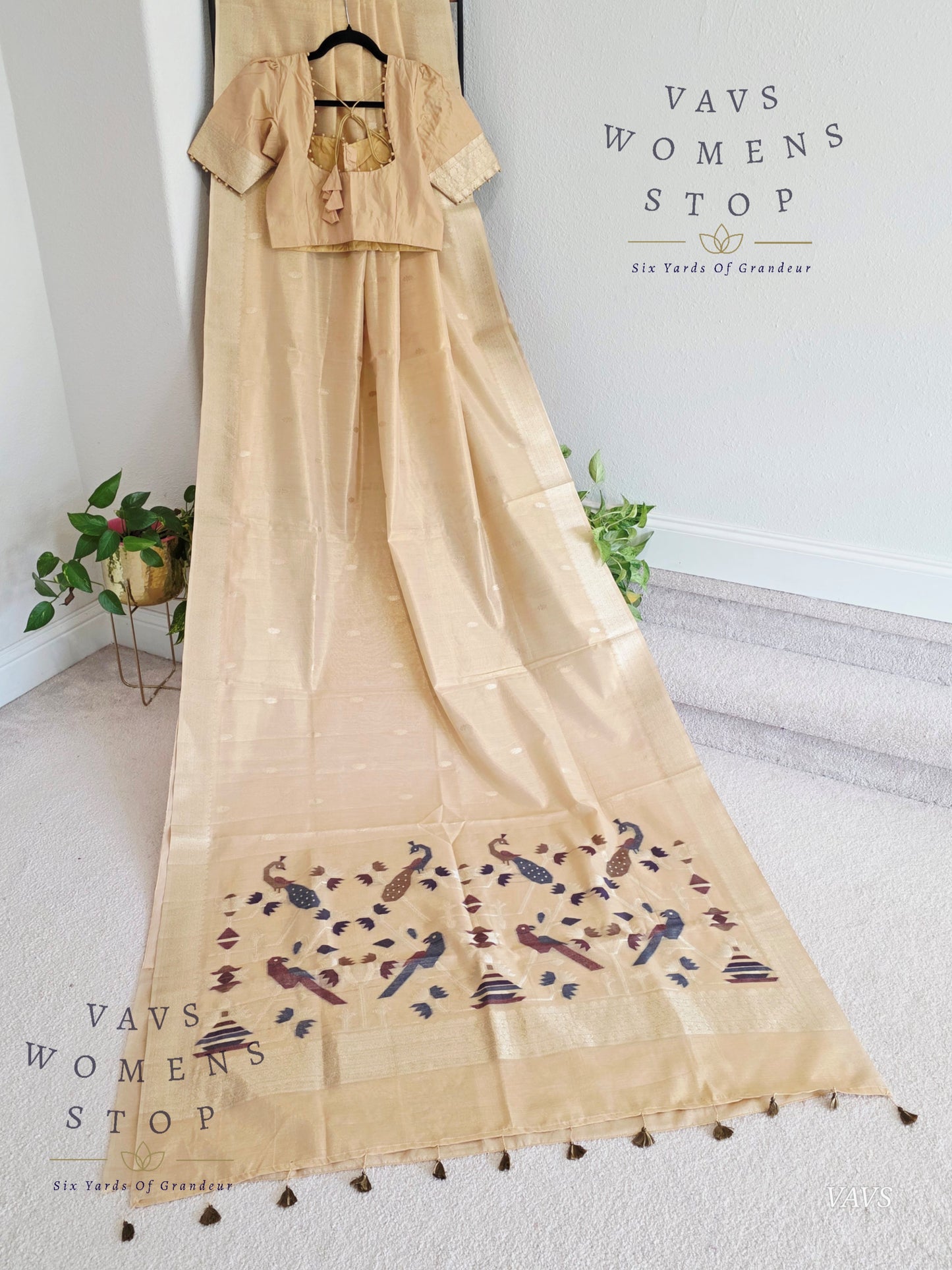 Pastel Light Brown Soft Tissue Saree with Jamdani Pallu & Stitched Blouse