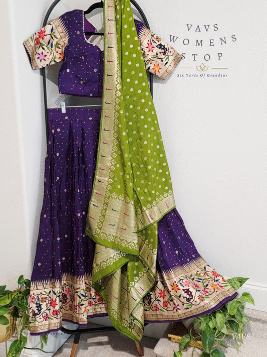 Munga Crepe Silk Paithani Designer Half Saree Set.