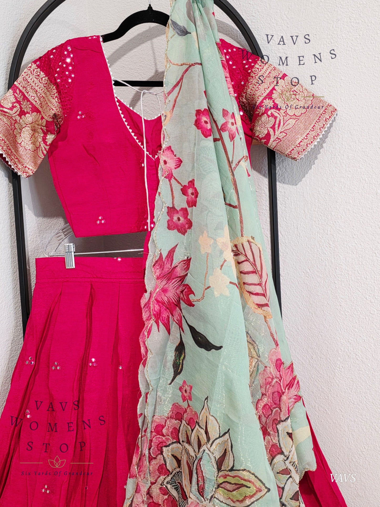 Crepe Georgette Mirror Work Half Saree/ Lehenga Set
