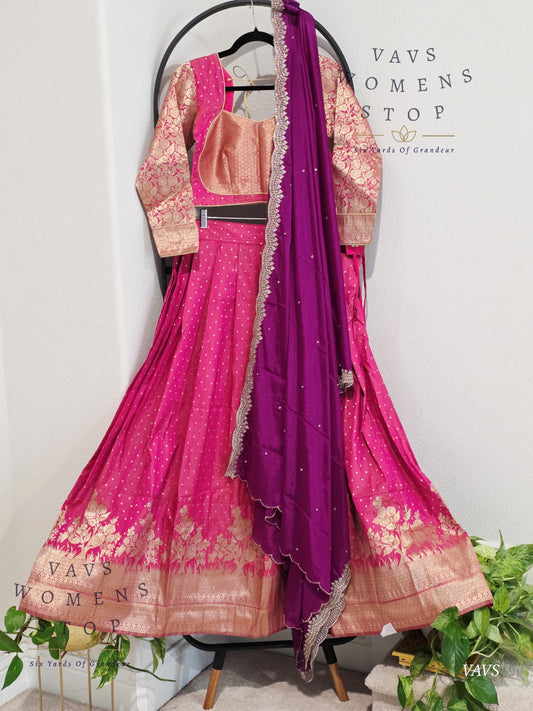 Full Sleeves Patterned Benarasi Silk Lehenga  Set