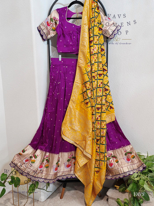 Munga Crepe Silk Paithani Designer Half Saree Set.