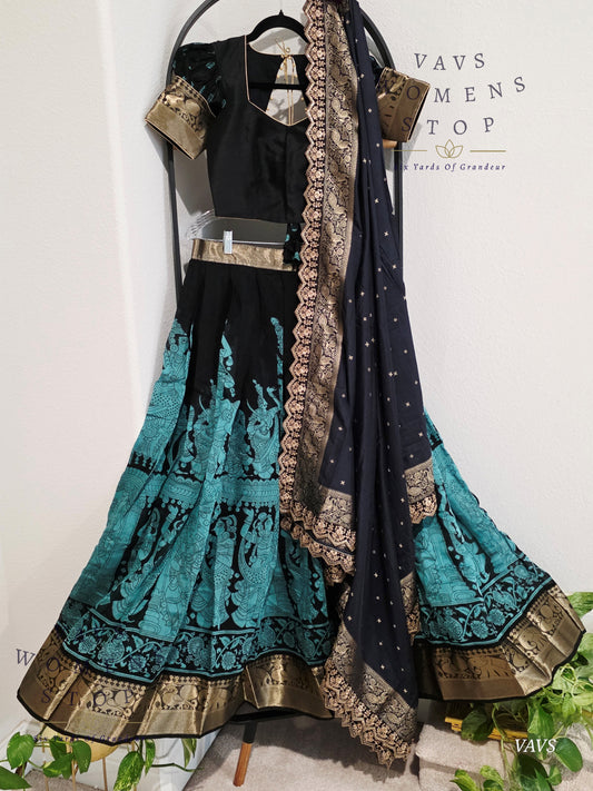 Kalamkari Print Soft Chanderi Linen Silk Half Saree Set – Cute Girls Figurine Butta | Munga Silk Cutwork Dupatta