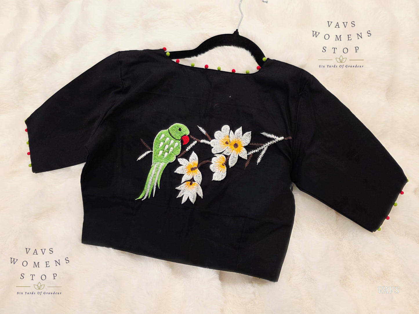 Black Soft Cotton Parrot Embroidered Premium Tailored Designer Blouse