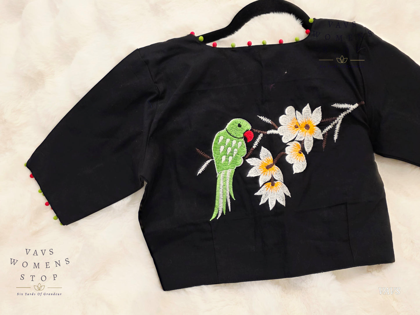 Black Soft Cotton Parrot Embroidered Premium Tailored Designer Blouse