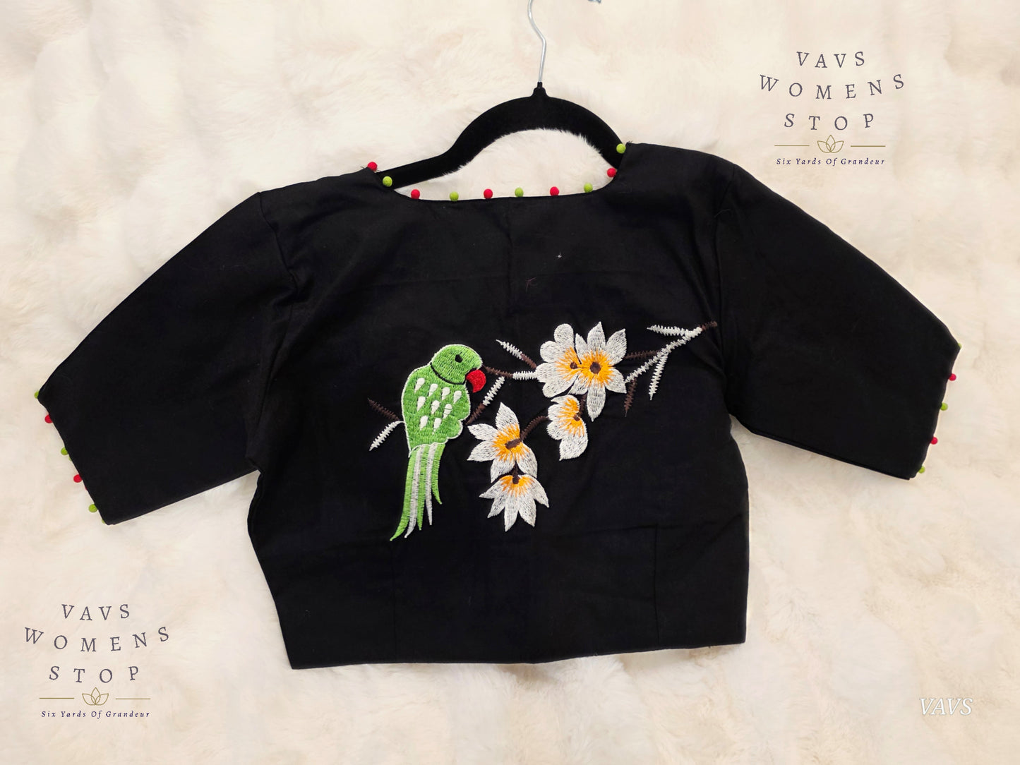 Black Soft Cotton Parrot Embroidered Premium Tailored Designer Blouse