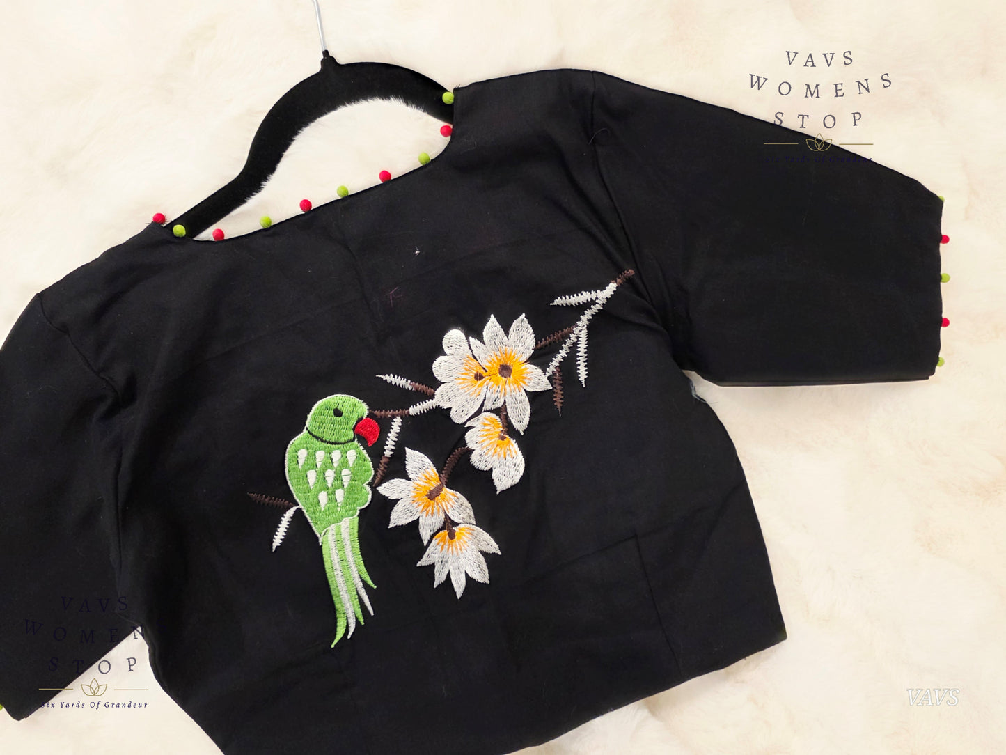 Black Soft Cotton Parrot Embroidered Premium Tailored Designer Blouse