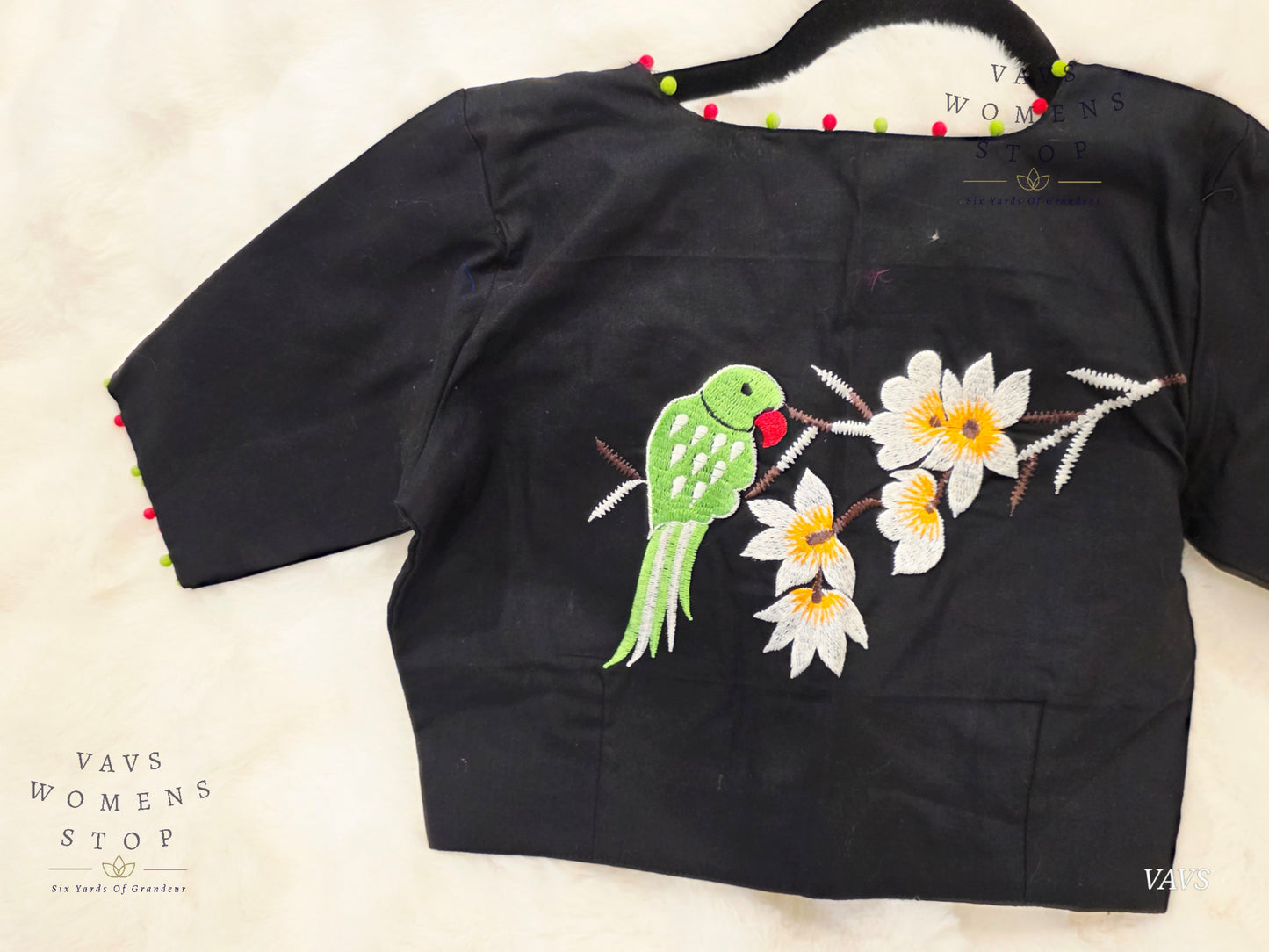 Black Soft Cotton Parrot Embroidered Premium Tailored Designer Blouse