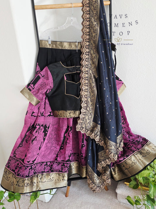 Kalamkari Print Soft Chanderi Linen Silk Half Saree Set – Cute Girls Figurine Butta | Munga Silk Cutwork Dupatta