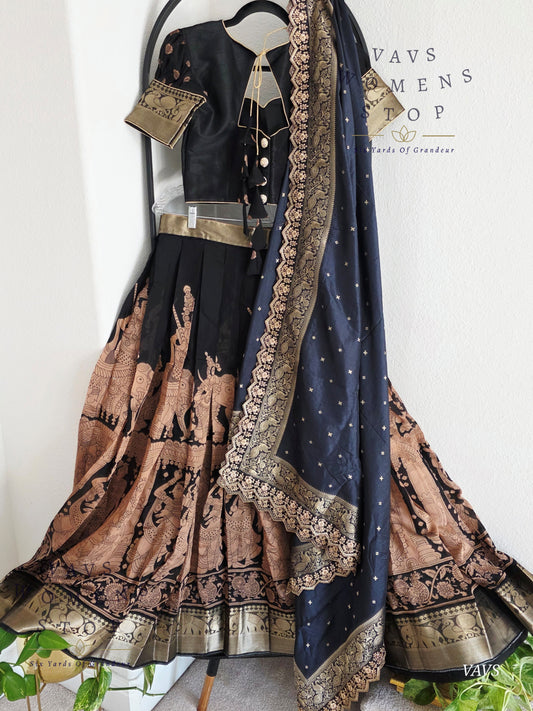 Kalamkari Print Soft Chanderi Linen Silk Half Saree Set – Cute Girls Figurine Butta | Munga Silk Cutwork Dupatta