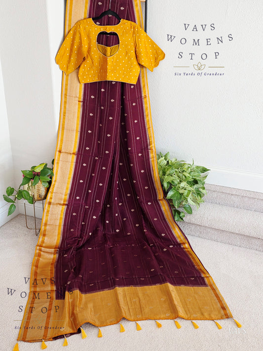 Dola Crepe Silk Saree – Wine & Mustard Yellow Color Combination | Stitched Blouse Included