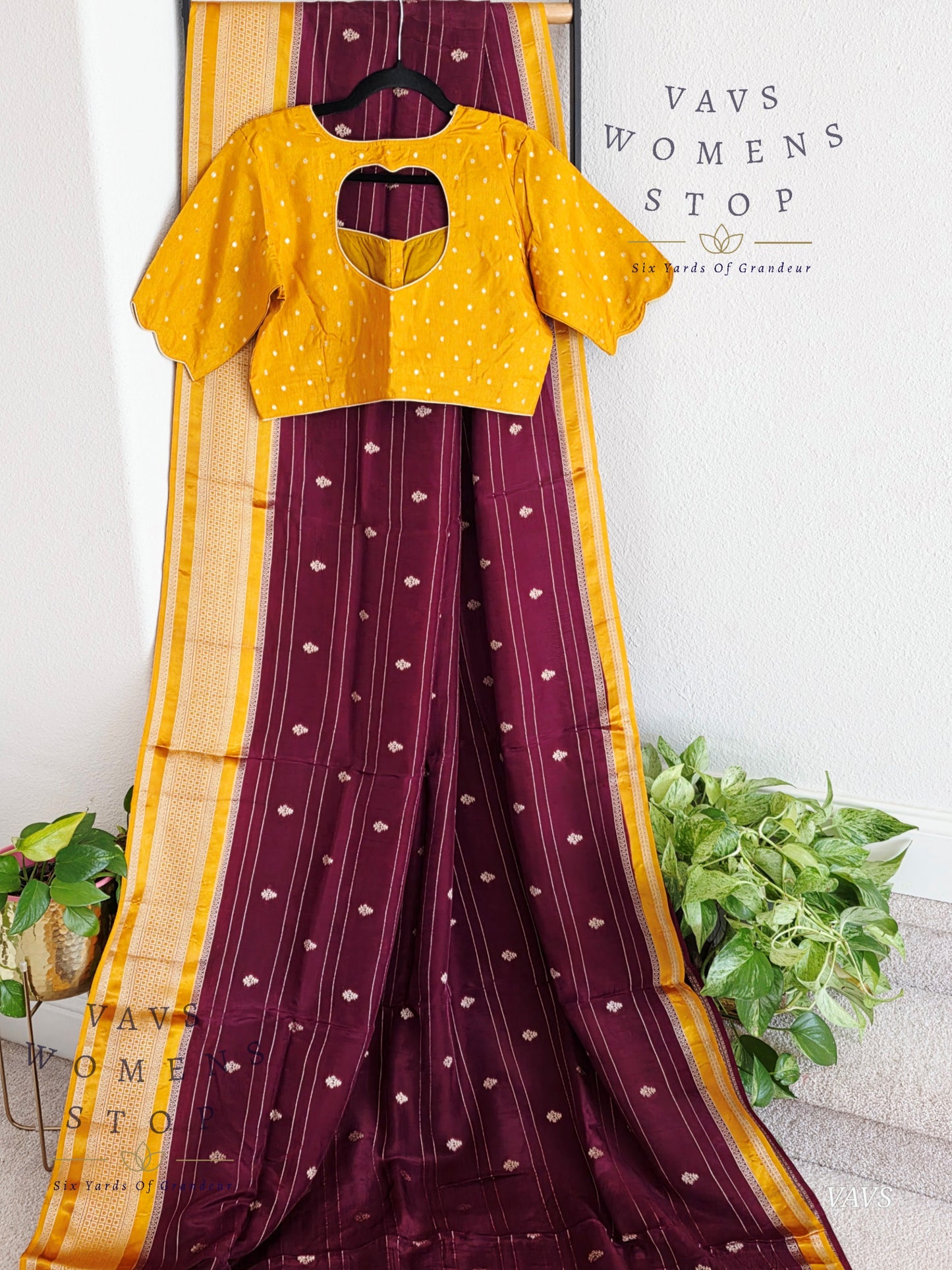 Dola Crepe Silk Saree – Wine & Mustard Yellow Color Combination | Stitched Blouse Included