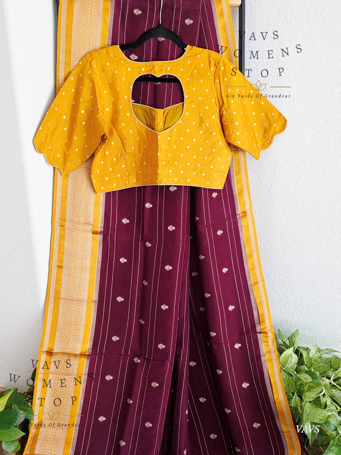 Dola Crepe Silk Saree – Wine & Mustard Yellow Color Combination | Stitched Blouse Included