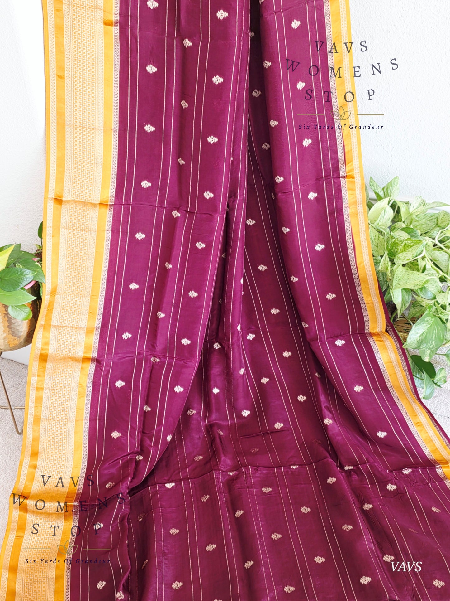 Dola Crepe Silk Saree – Wine & Mustard Yellow Color Combination | Stitched Blouse Included