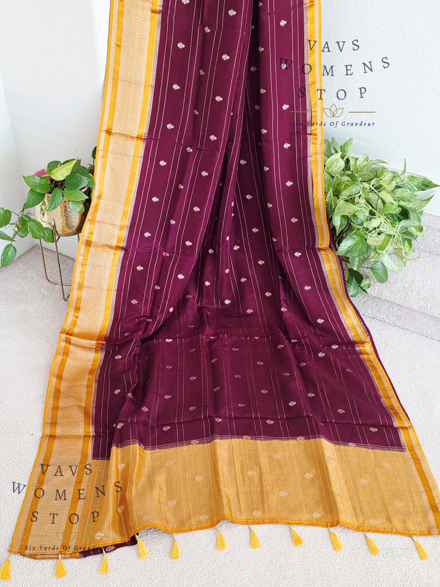Dola Crepe Silk Saree – Wine & Mustard Yellow Color Combination | Stitched Blouse Included