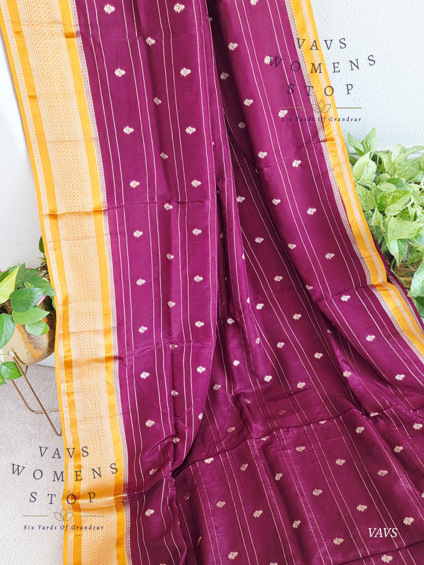 Dola Crepe Silk Saree – Wine & Mustard Yellow Color Combination | Stitched Blouse Included
