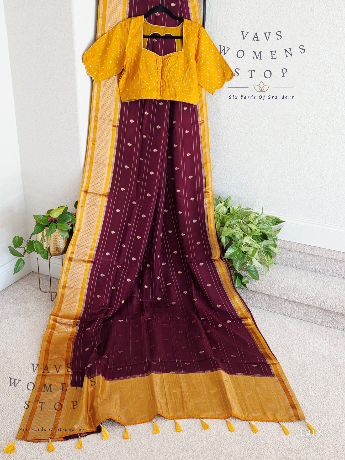 Dola Crepe Silk Saree – Wine & Mustard Yellow Color Combination | Stitched Blouse Included