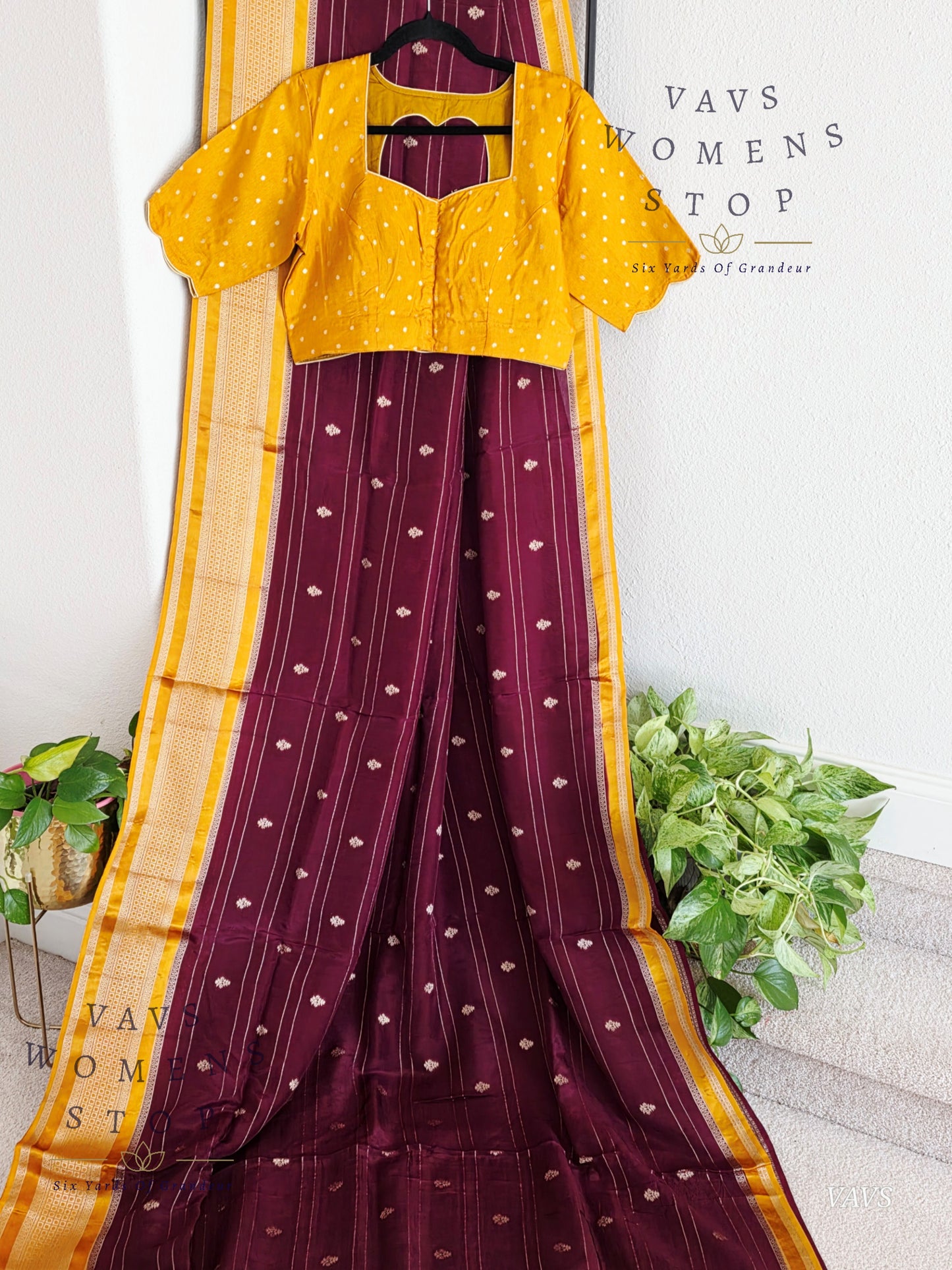 Dola Crepe Silk Saree – Wine & Mustard Yellow Color Combination | Stitched Blouse Included